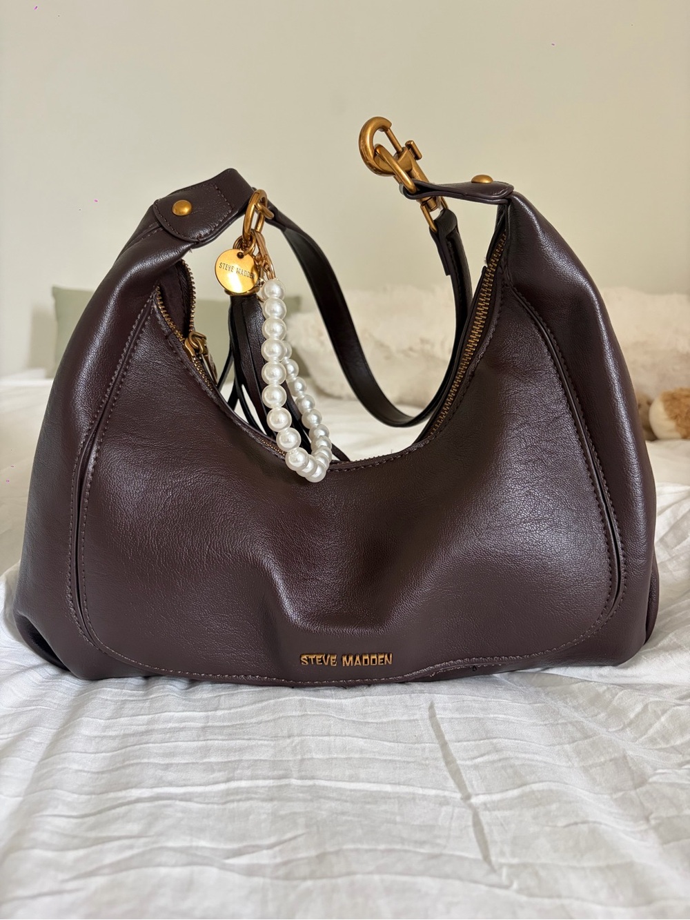 Steve Madden Dark Brown Leather Shoulder Bag with Pearl Charm
